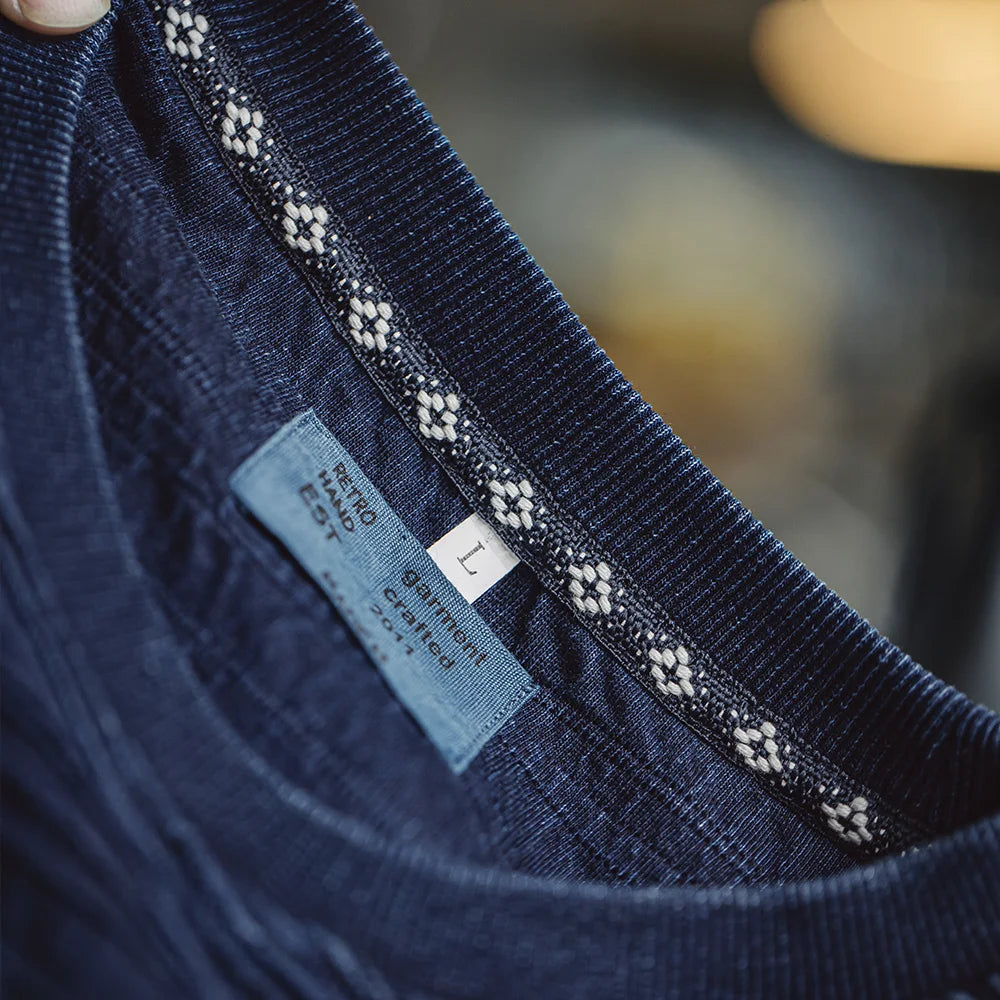 MADEN Indigo Jacquard Pocket Tee – Retro Wave Knit