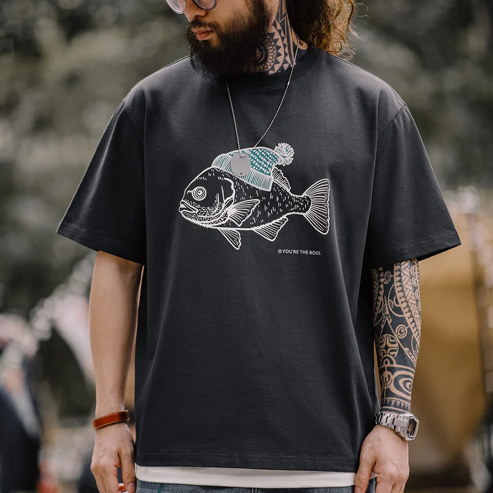 MADEN Vintage Flocked Graphic Tee – Fish Print
