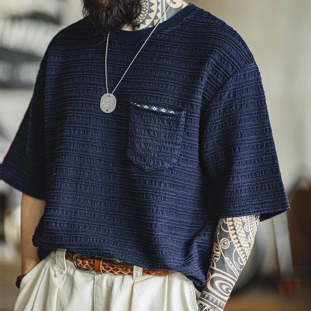 MADEN Indigo Jacquard Pocket Tee – Retro Wave Knit