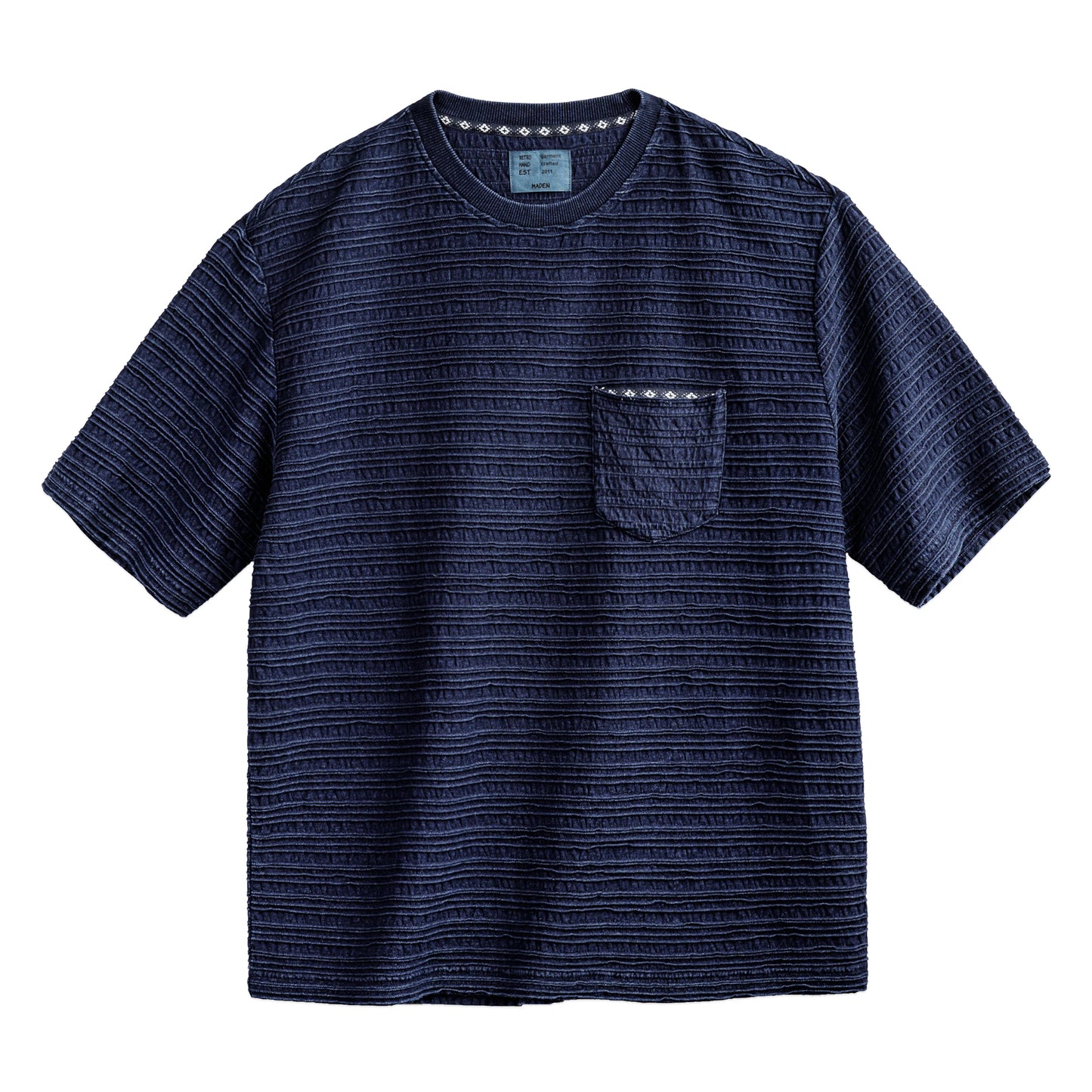 MADEN Indigo Jacquard Pocket Tee – Retro Wave Knit