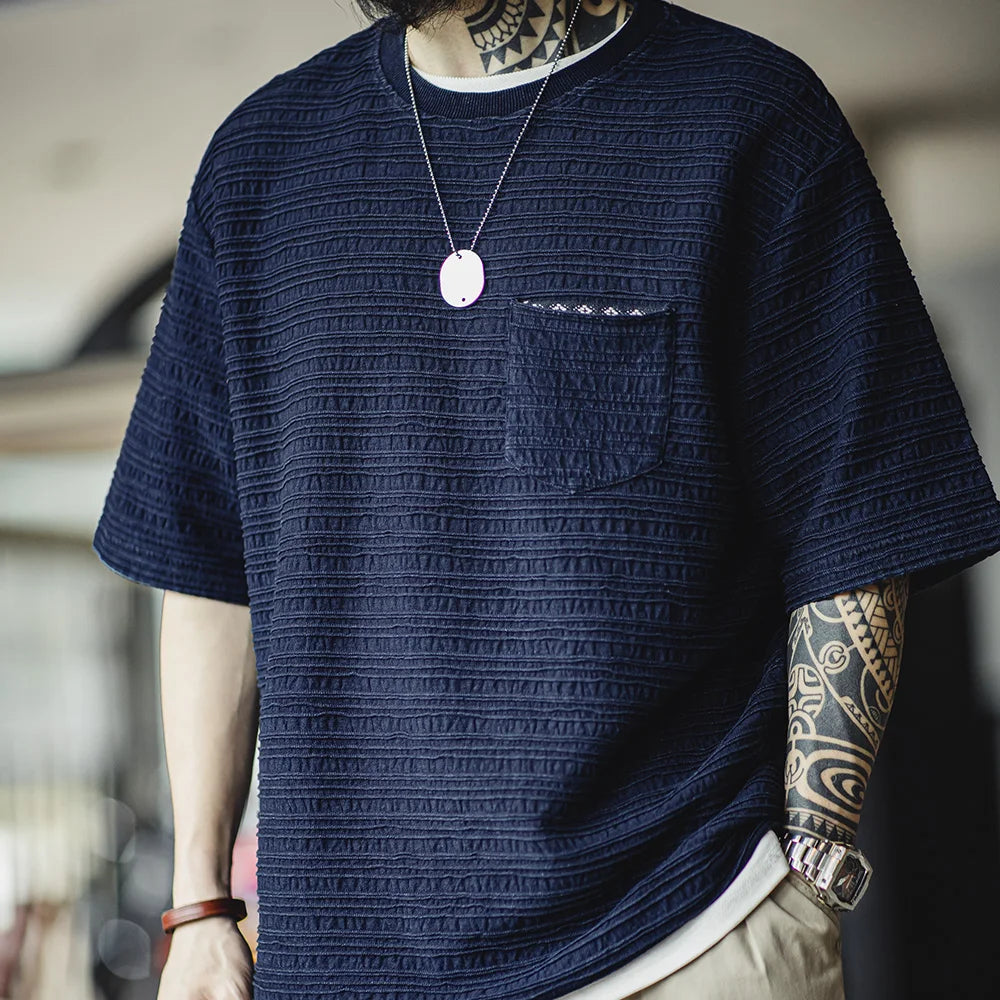 MADEN Indigo Jacquard Pocket Tee – Retro Wave Knit