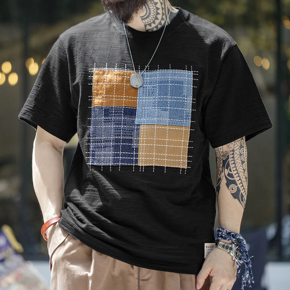MADEN Color-Block Patchwork Tee – Slub Cotton