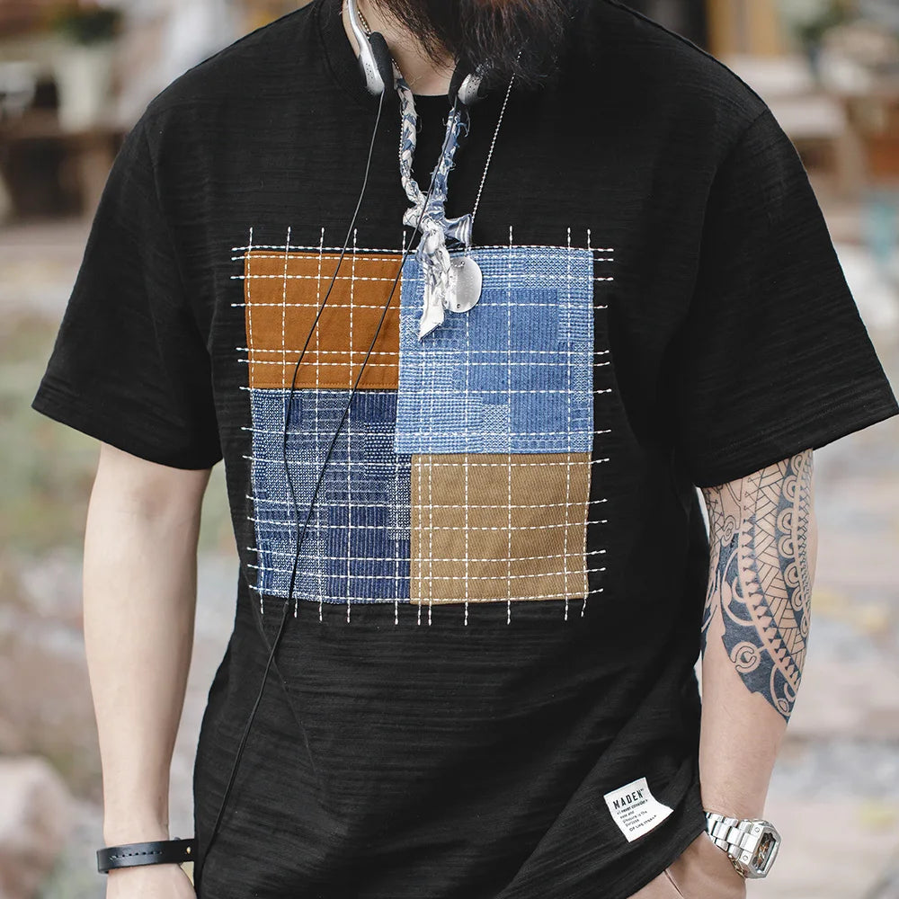 MADEN Color-Block Patchwork Tee – Slub Cotton
