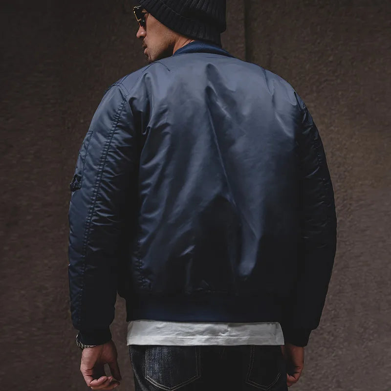 Maden Herren-Pilotenjacke MA1 im Vintage-Stil, Grün – Dicker Wintermantel aus Baumwolle mit Baseballtaschen