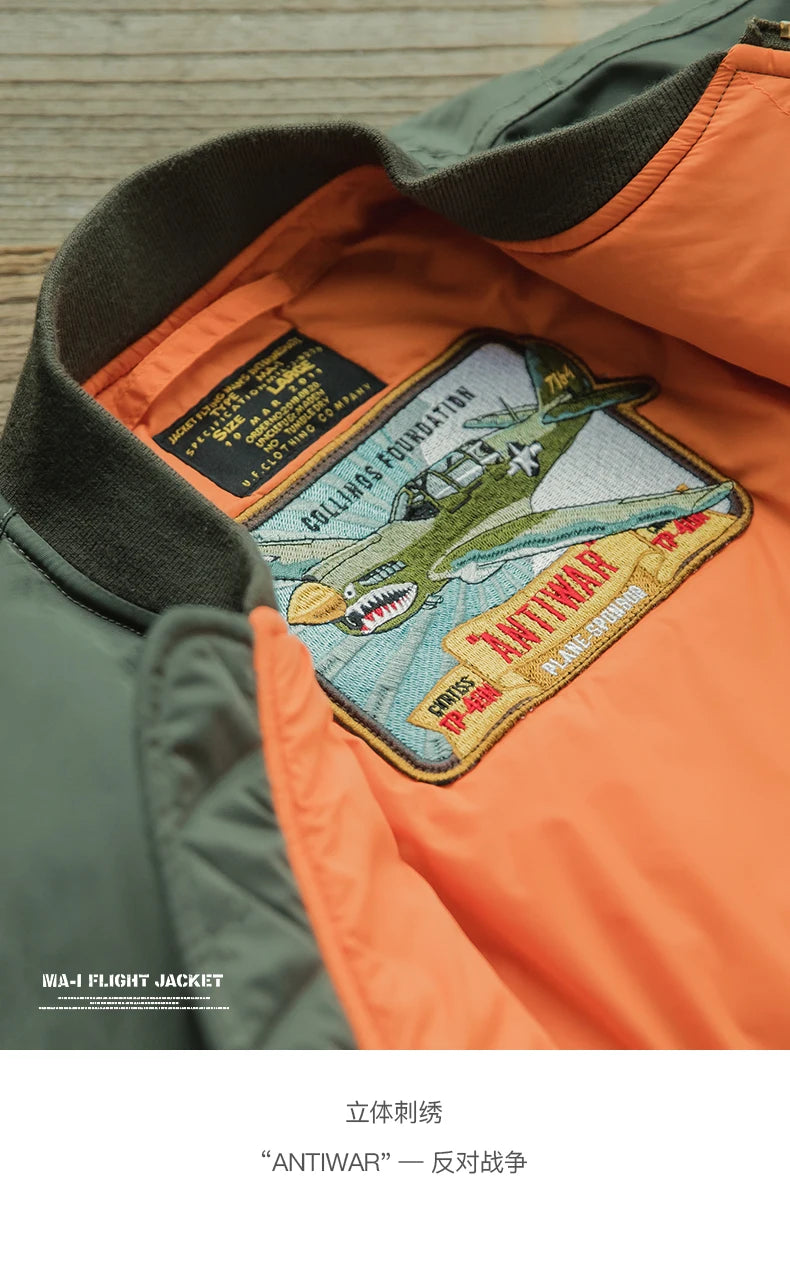 Maden Herren-Pilotenjacke MA1 im Vintage-Stil, Grün – Dicker Wintermantel aus Baumwolle mit Baseballtaschen
