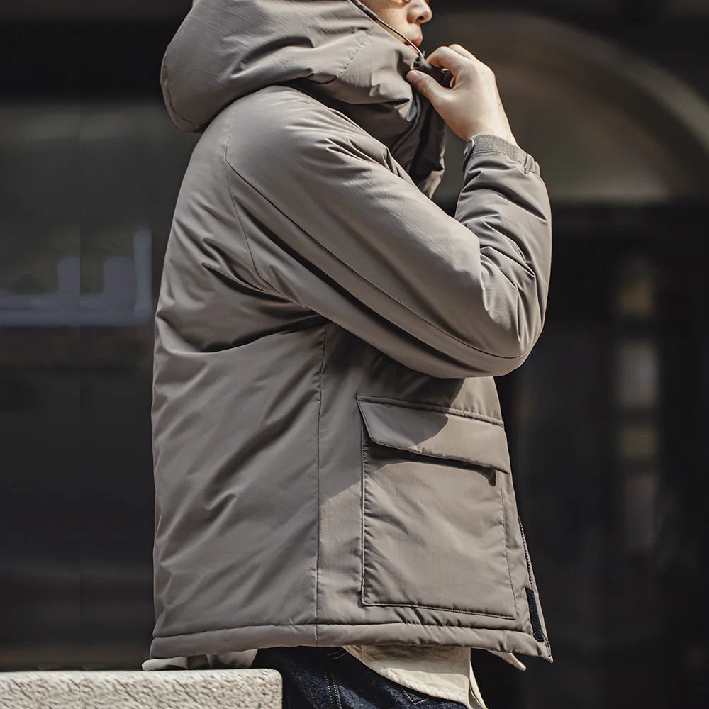 Maden Men's Gray Winter Hooded Coat - Thick, Thermal, Windproof with Pockets