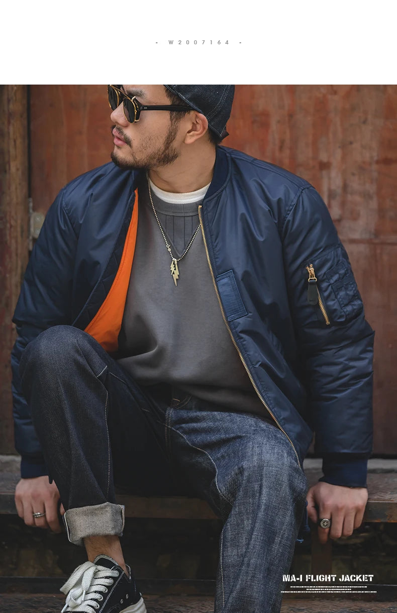 Maden Herren-Pilotenjacke MA1 im Vintage-Stil, Grün – Dicker Wintermantel aus Baumwolle mit Baseballtaschen