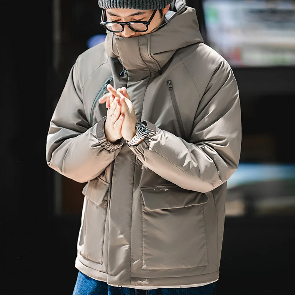 Maden Men's Gray Winter Hooded Coat - Thick, Thermal, Windproof with Pockets