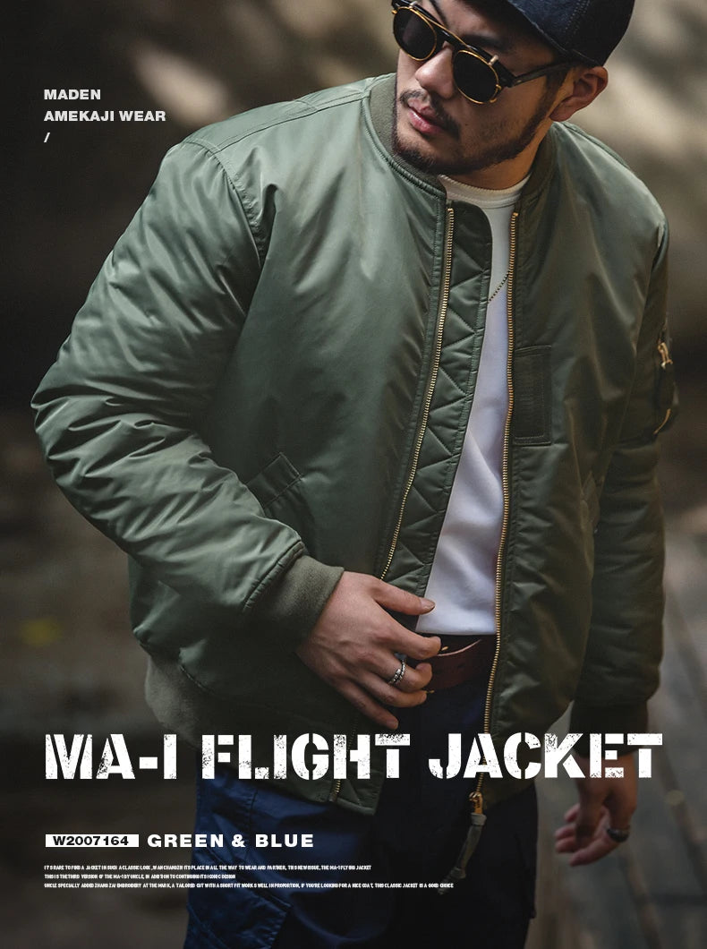 Maden Herren-Pilotenjacke MA1 im Vintage-Stil, Grün – Dicker Wintermantel aus Baumwolle mit Baseballtaschen
