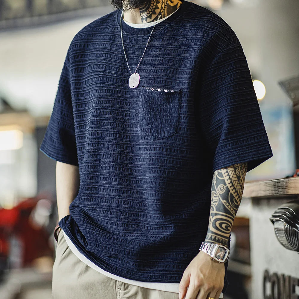 MADEN Indigo Jacquard Pocket Tee – Retro Wave Knit