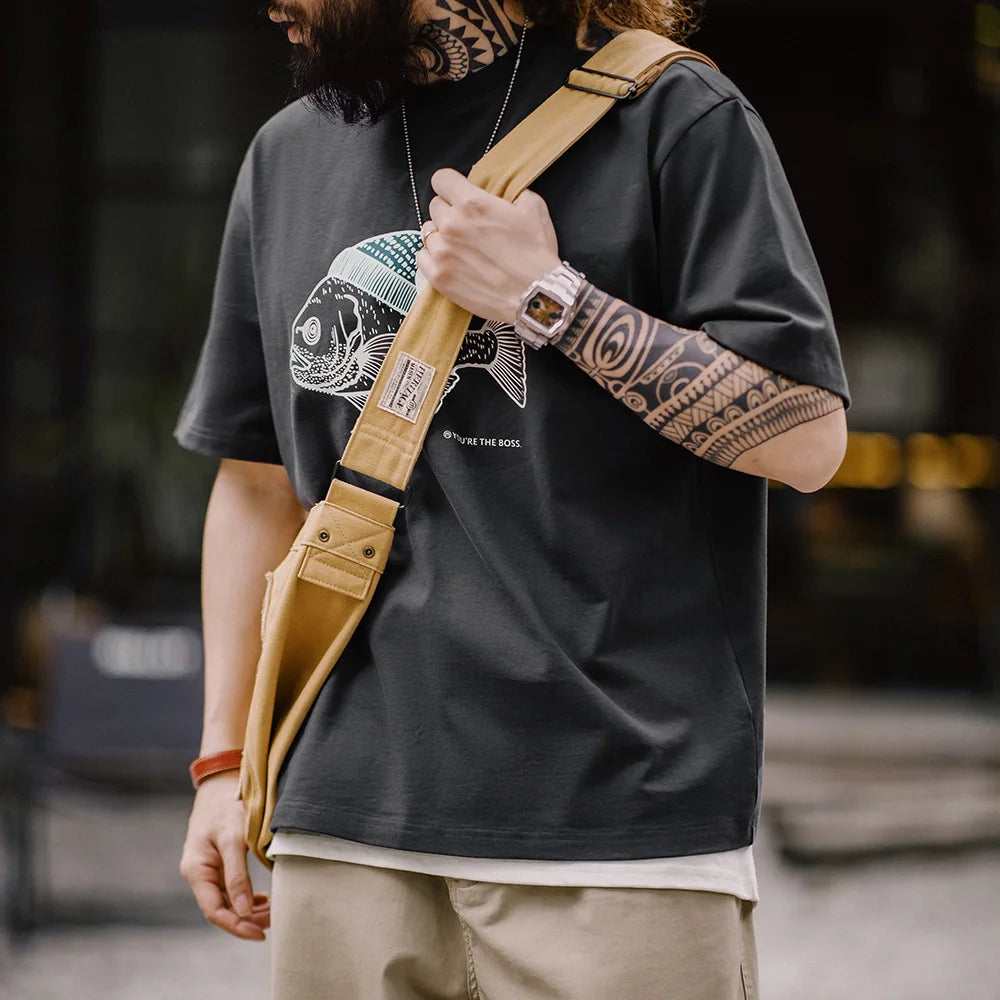 MADEN Vintage Flocked Graphic Tee – Fish Print