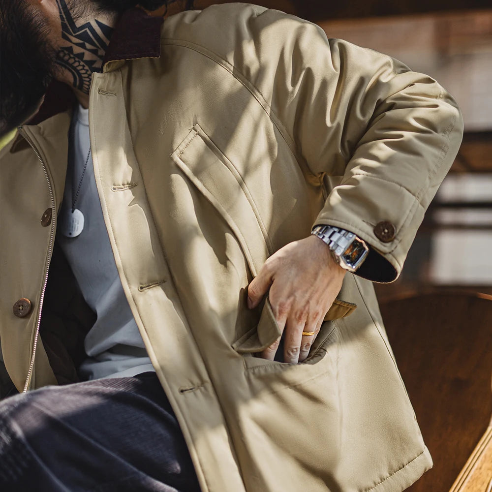 Maden Men's Vintage Safari Jacket - Thick Cotton Padded, Corduroy Collar, Fall/Winter Coat