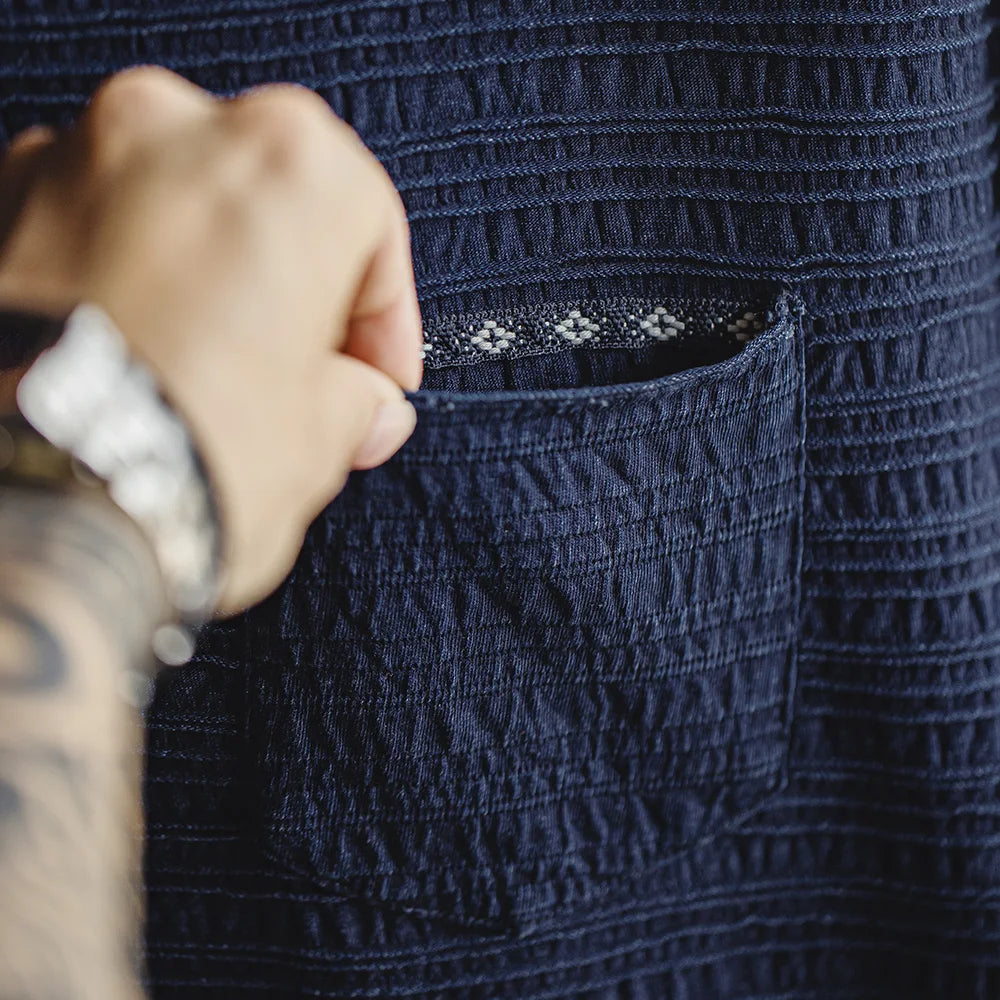 MADEN Indigo Jacquard Pocket Tee – Retro Wave Knit