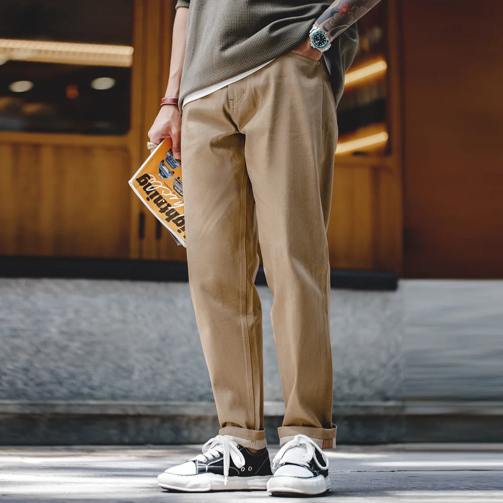 ApparelKsseT Khaki Straight Fit Streetwear 11.7oz Redline Selvedge Denim, side view highlighting cut