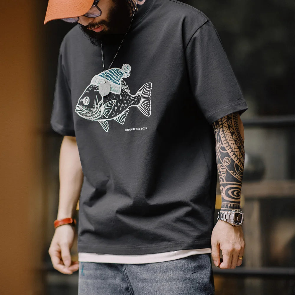 MADEN Vintage Flocked Graphic Tee – Fish Print