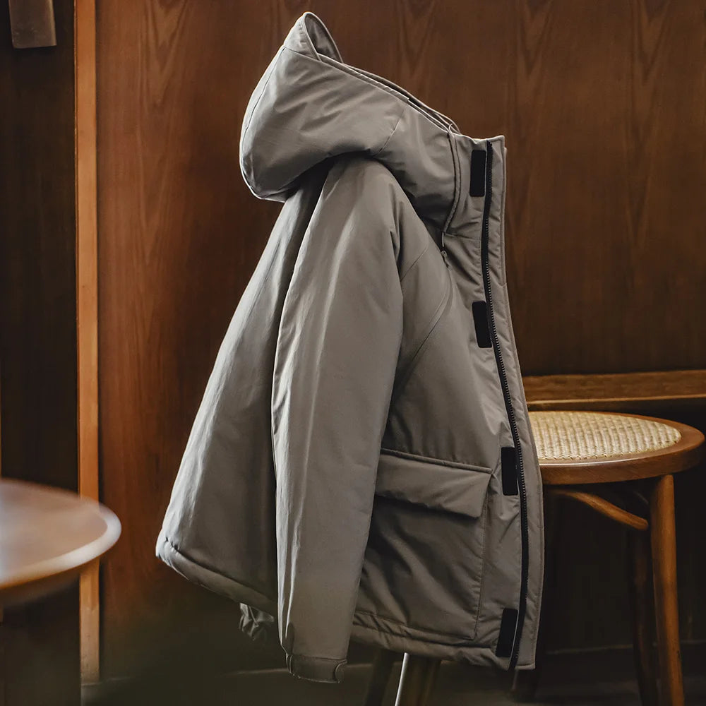 Maden Men's Gray Winter Hooded Coat - Thick, Thermal, Windproof with Pockets