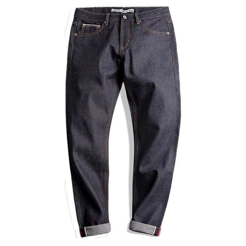 ApparelKsseT Navy Blue Streetwear 14.5oz Selvedge Raw Denim – Embroidered Straight Fit, flat lay front view