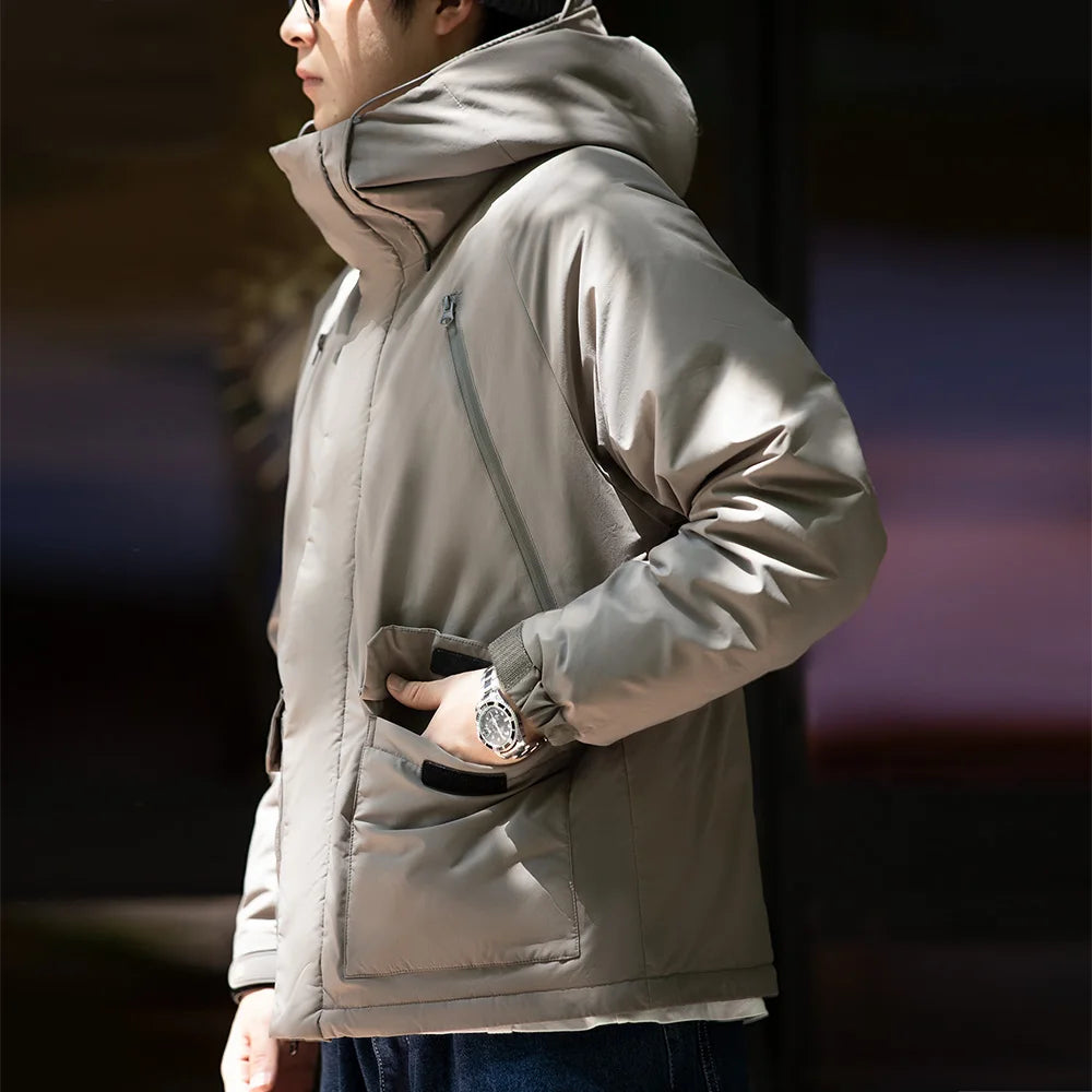 Maden Men's Gray Winter Hooded Coat - Thick, Thermal, Windproof with Pockets
