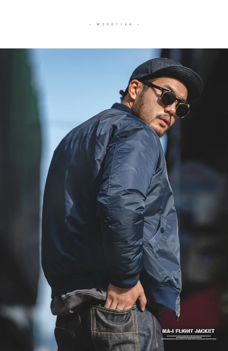 Maden Herren-Pilotenjacke MA1 im Vintage-Stil, Grün – Dicker Wintermantel aus Baumwolle mit Baseballtaschen