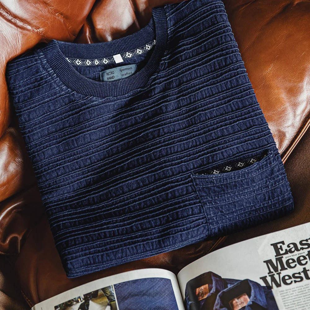 MADEN Indigo Jacquard Pocket Tee – Retro Wave Knit