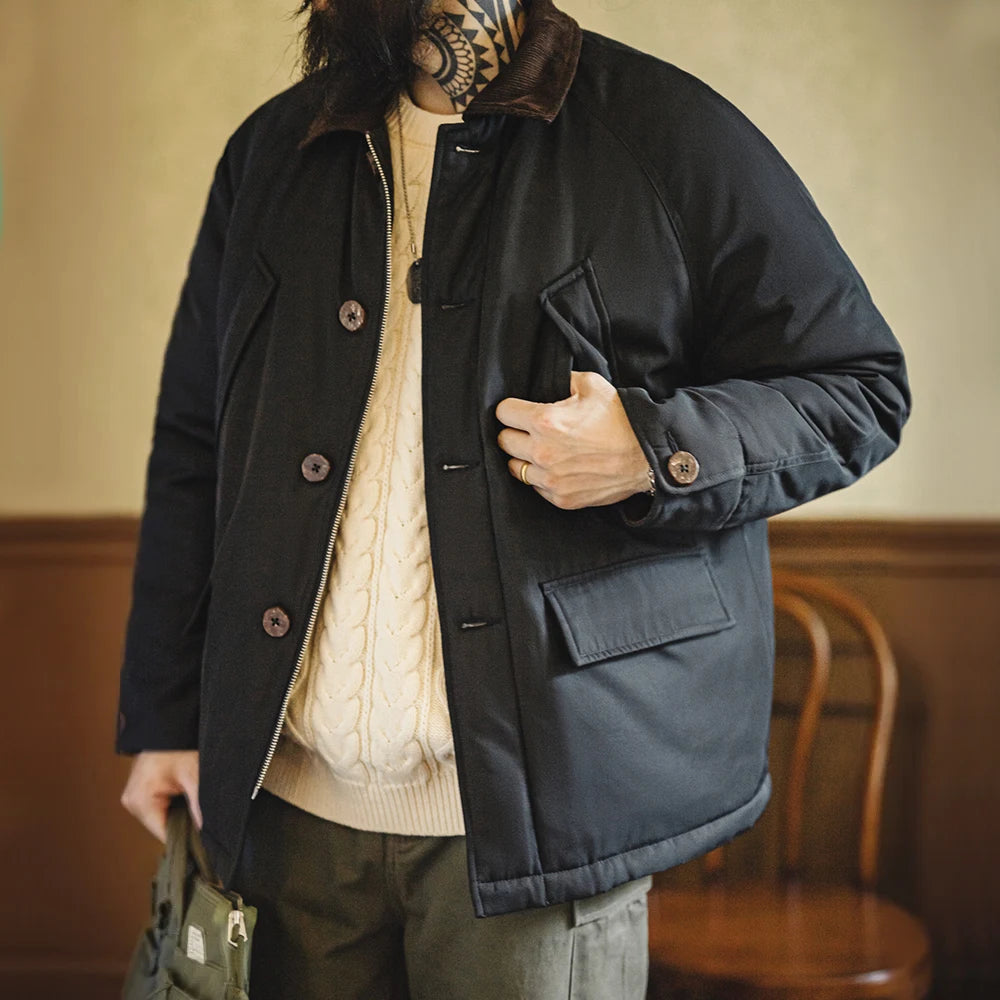 Maden Men's Vintage Safari Jacket - Thick Cotton Padded, Corduroy Collar, Fall/Winter Coat