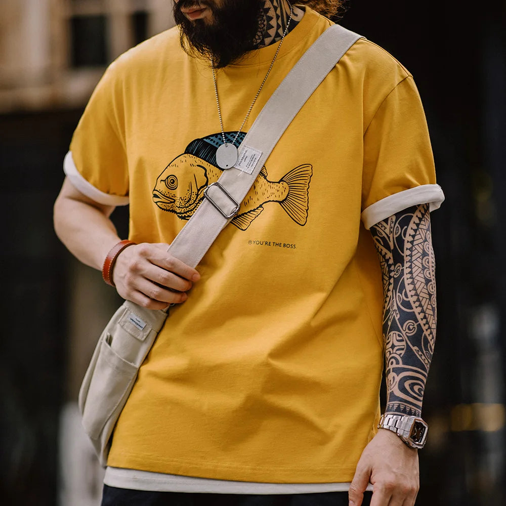 MADEN Vintage Flocked Graphic Tee – Fish Print