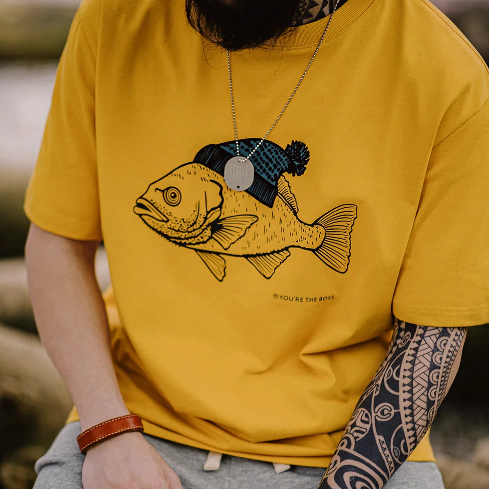 MADEN Vintage Flocked Graphic Tee – Fish Print