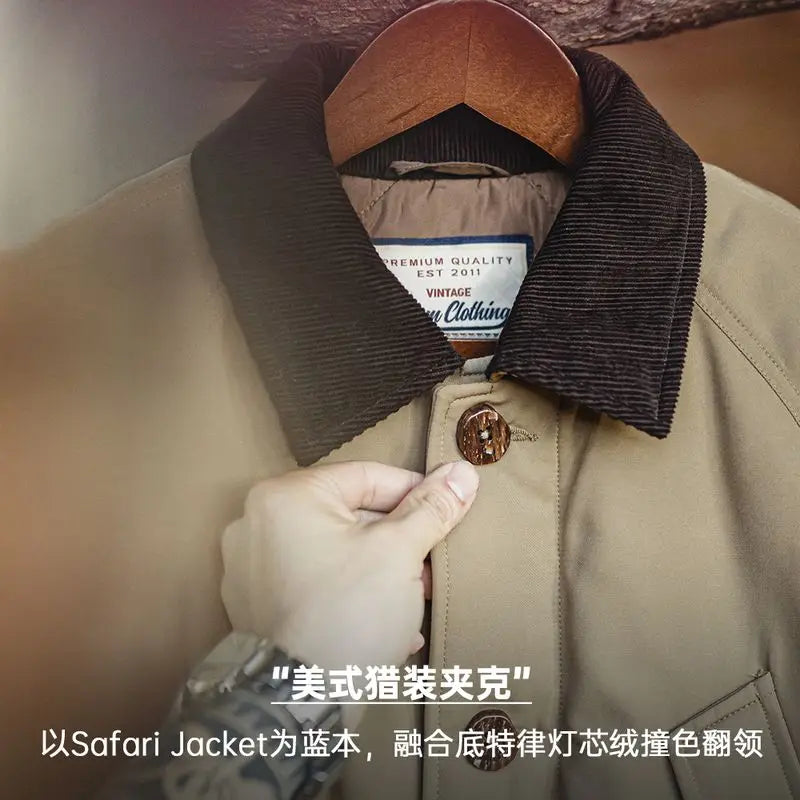 Maden Men's Vintage Safari Jacket - Thick Cotton Padded, Corduroy Collar, Fall/Winter Coat