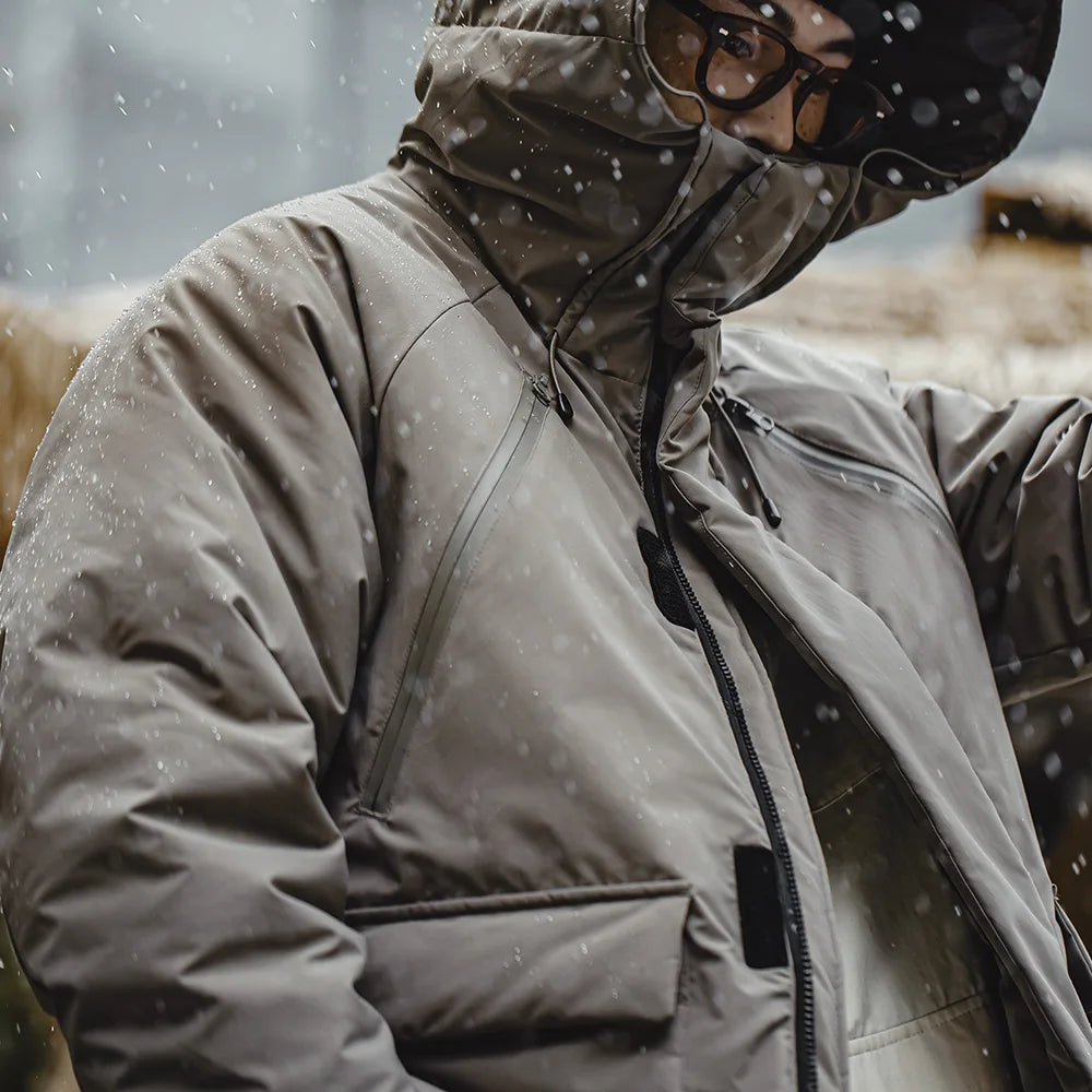 Maden Herren-Wintermantel mit Kapuze, grau, dick, wärmend, winddicht, mit Taschen