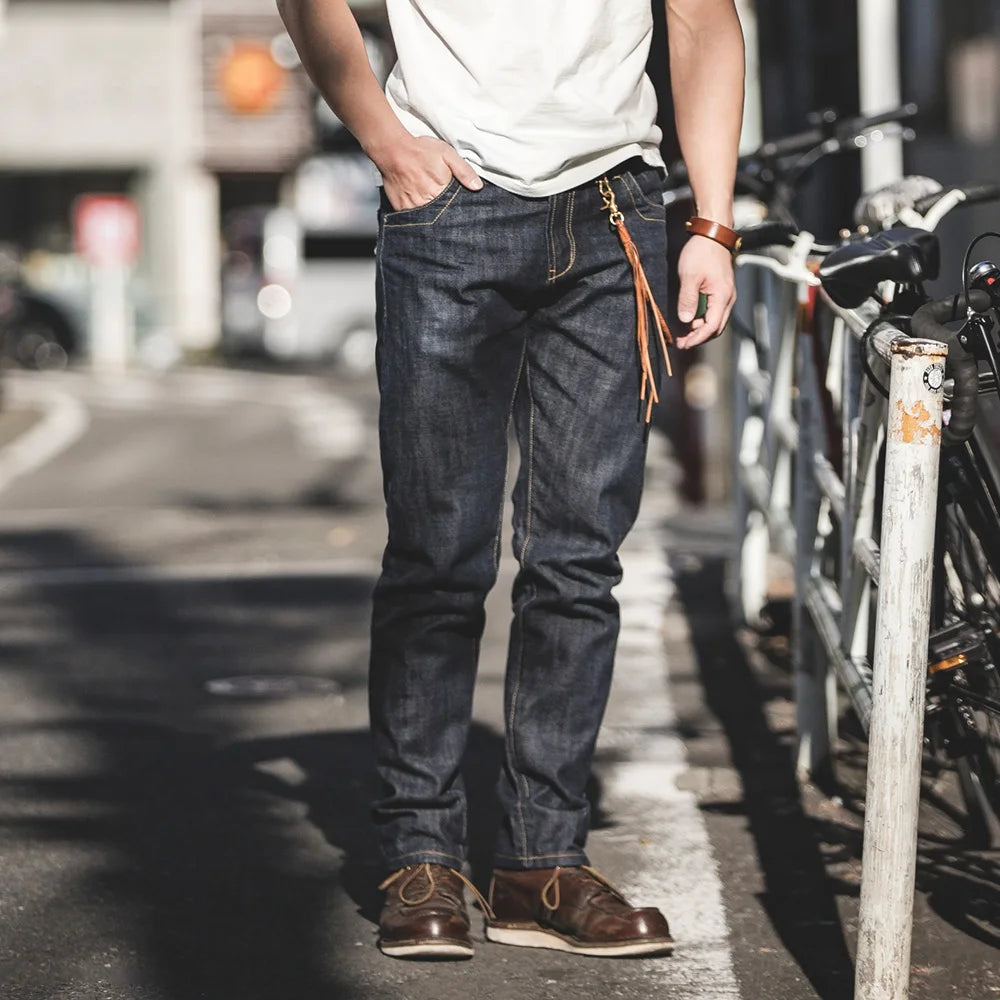 ApparelKsseT Navy Blue Streetwear 14oz Selvedge Raw Denim, front view highlighting cut