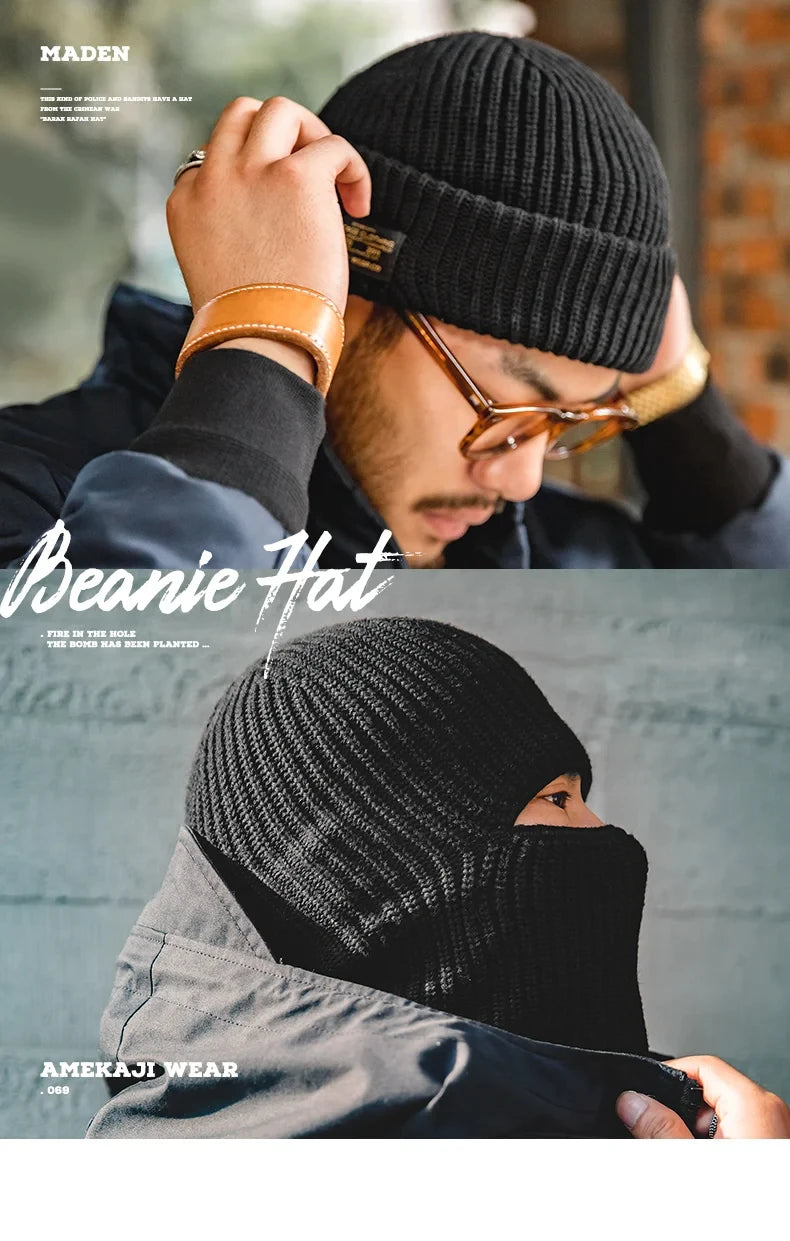 Maden Unisex Winter-Strickmütze mit Wollschal und Sturmhaube – warme und handgefertigte Freizeitmütze