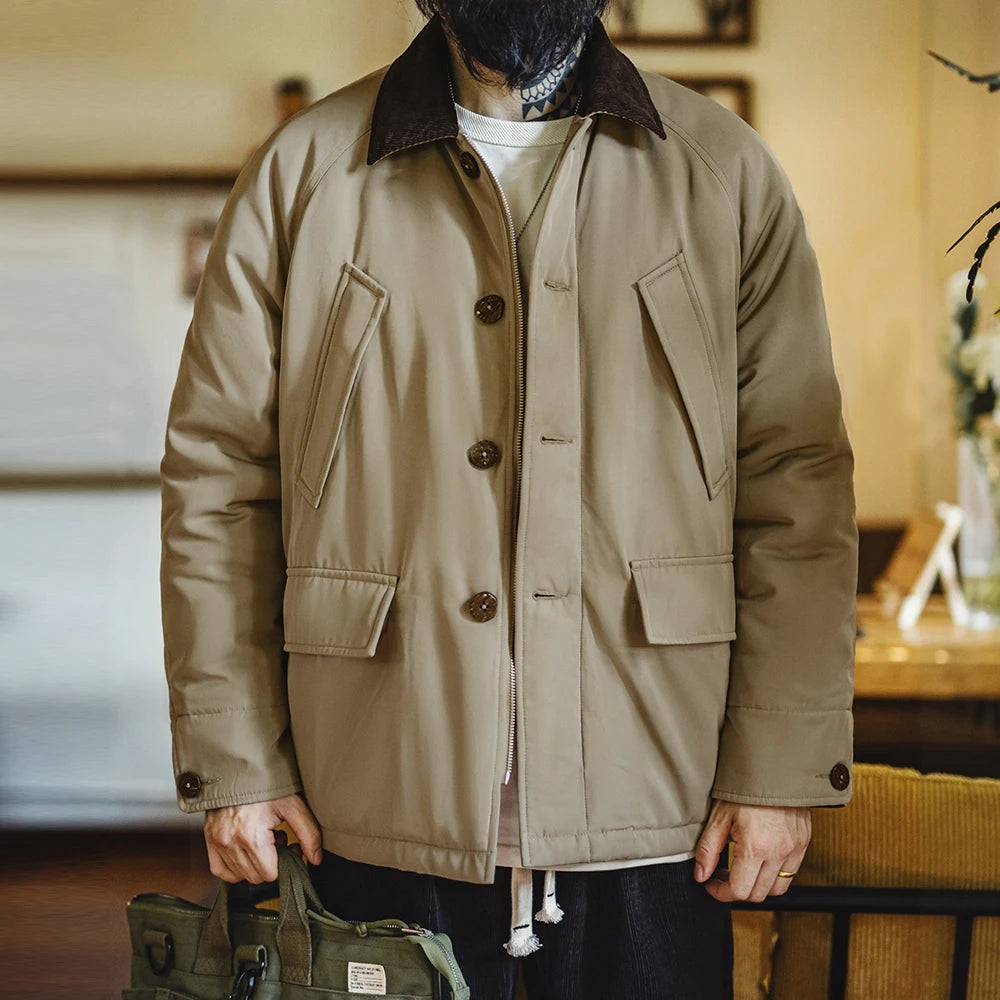 Maden Men's Vintage Safari Jacket - Thick Cotton Padded, Corduroy Collar, Fall/Winter Coat